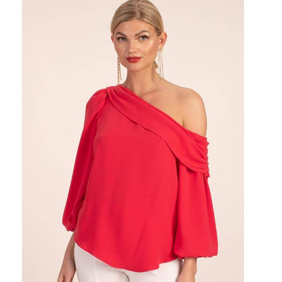 Trina Turk Astronomical Silky Crepe 1 Shoulder Long Sleeve Top Mars Red Small - Picture 1 of 7